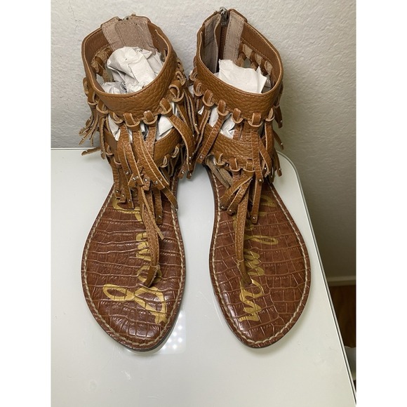 Sam Edelman Griffen Saddle Leather Gladiator Sandals Size 8 Brown Fringe Zip Up - Picture 3 of 16